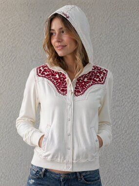 Hale Bob Bomber-Style Hoodie cream-coloured red embroidery & snap closure